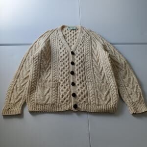 Vintage Donegal Wool Sweater Mens Large Fisherman Aran Cable Knit Cardigan
